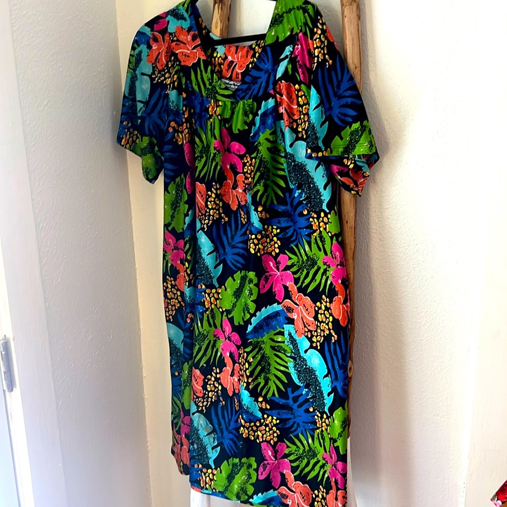 Anthony Richards Vintage Black Colorful Stretch Short Sleeve Midi House Dress 1X